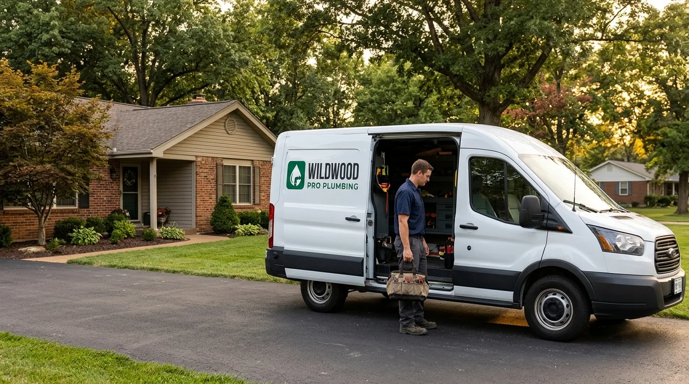 Wildwood Pro Plumbing service van parked outside a Wildwood, MO home with a plumber beside the open cargo door